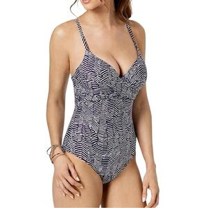 Island Escape One Piece Swimsuit Womens 14 Navy Blue White Scoop Neck Resortcore